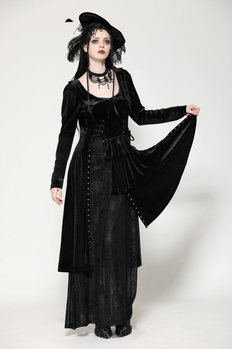 Black Long Sleeves Eyelets Side Slit Women's Gothic Maxi Dresses Wedding Dress - Product - 8