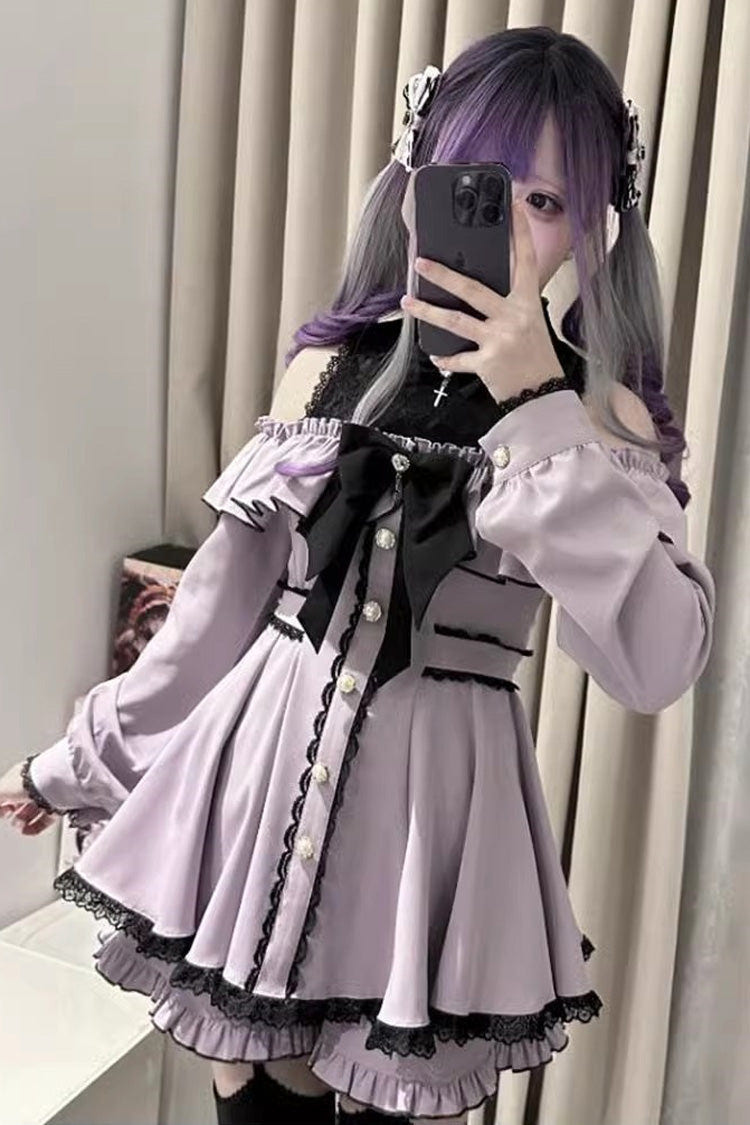 Black Long Sleeves Ruffle Stitching Lace Jirai Kei Japanese Strapless Dress Set - Purple - 2