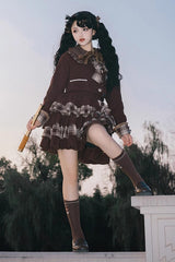 Dark Brown Multi-layer Bowknot College Style Autumn Winter Princess Sweet Lolita Skirt Set - Product - 4