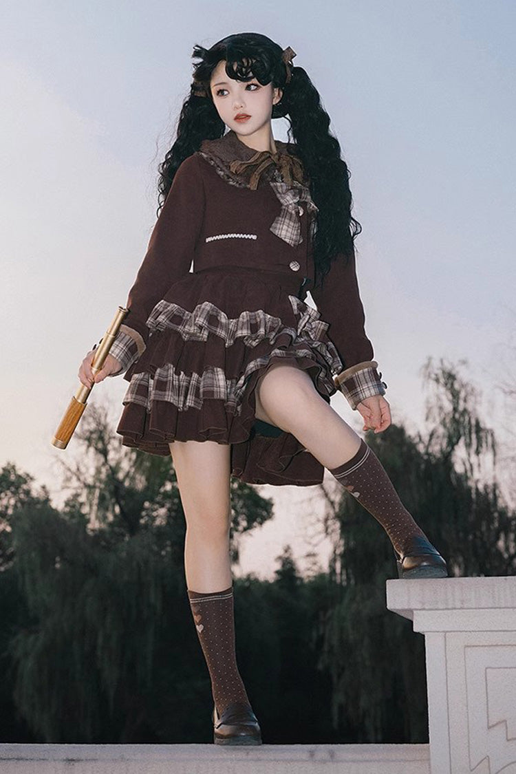 Dark Brown Multi-layer Bowknot College Style Autumn Winter Princess Sweet Lolita Skirt Set - Product - 4