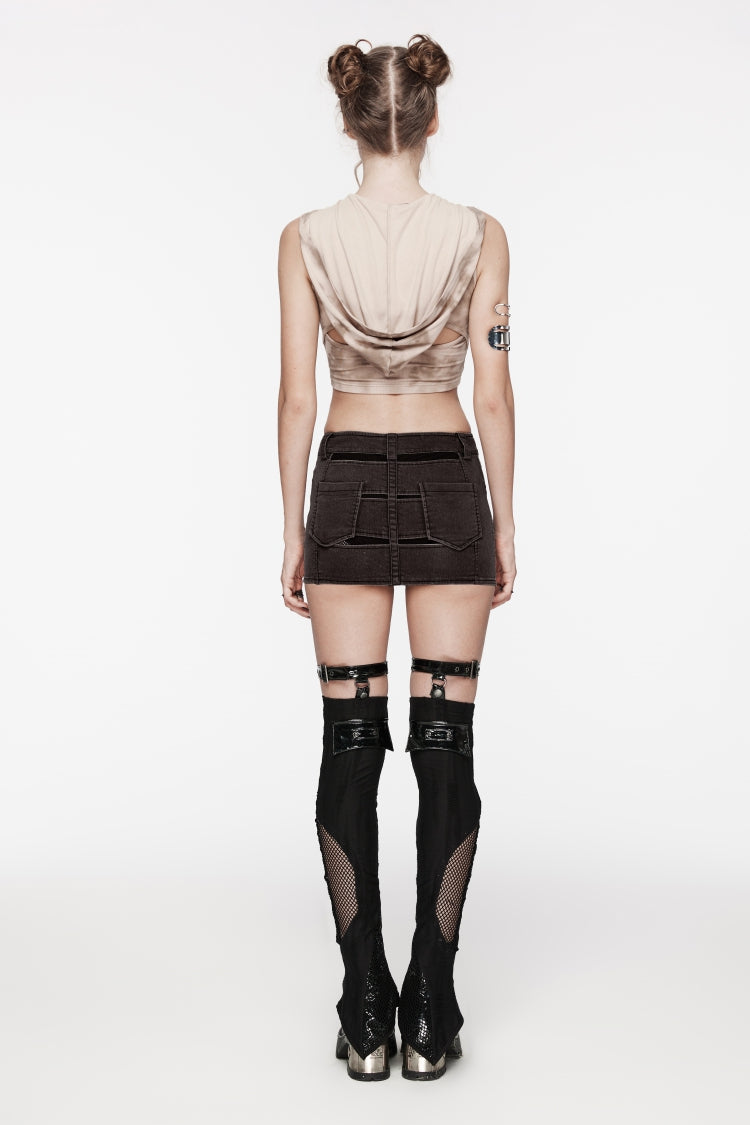 Brown Patchwork Slim Fit Mesh Zippered Eyelet Women's Punk Cool Skirt - Product - 5