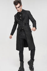 Black Punk Twill Imitation Leather Metal Pin Decoration Drawstring Design Long Men's Coat - Product - 5