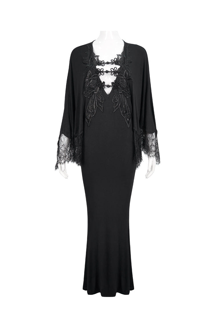 Black Deep V Neck Bat Sleeve Chest Appliqu Lace Bead Buckle Connection Small Fishtail Long Women's Gothic Dress - Product - 6