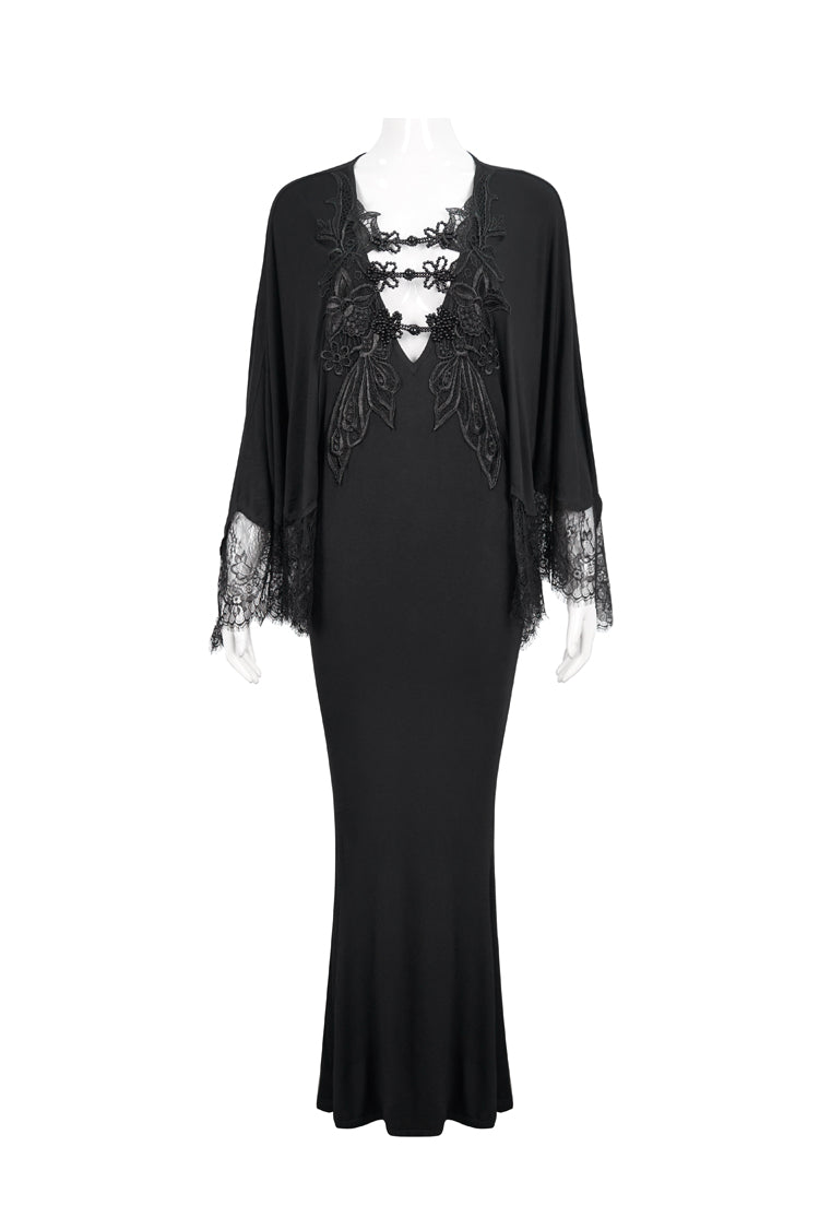 Black Deep V Neck Bat Sleeve Chest Appliqu Lace Bead Buckle Connection Small Fishtail Long Women's Gothic Dress - Product - 6