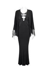 Black Deep V Neck Bat Sleeve Chest Appliqu Lace Bead Buckle Connection Small Fishtail Long Women's Gothic Dress - Product - 6