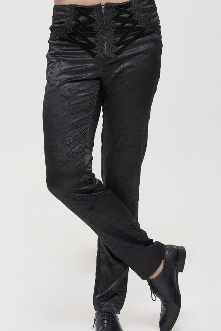 Black Gothic Glossy Pattern Drawstring Lace Decoration Men's Pants - Product - 5