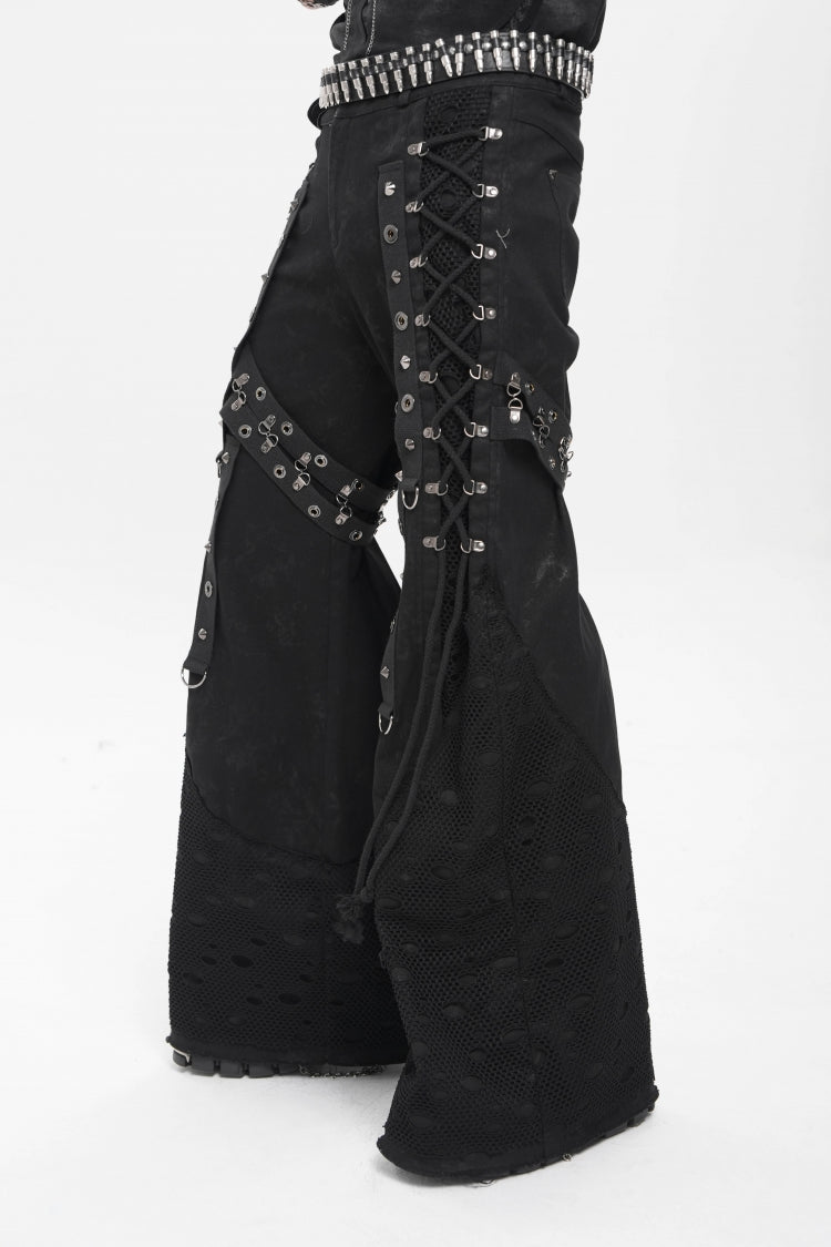 Black Spliced Lace-Up Mesh Ripped Men's Punk Baggy Pants - Product - 3