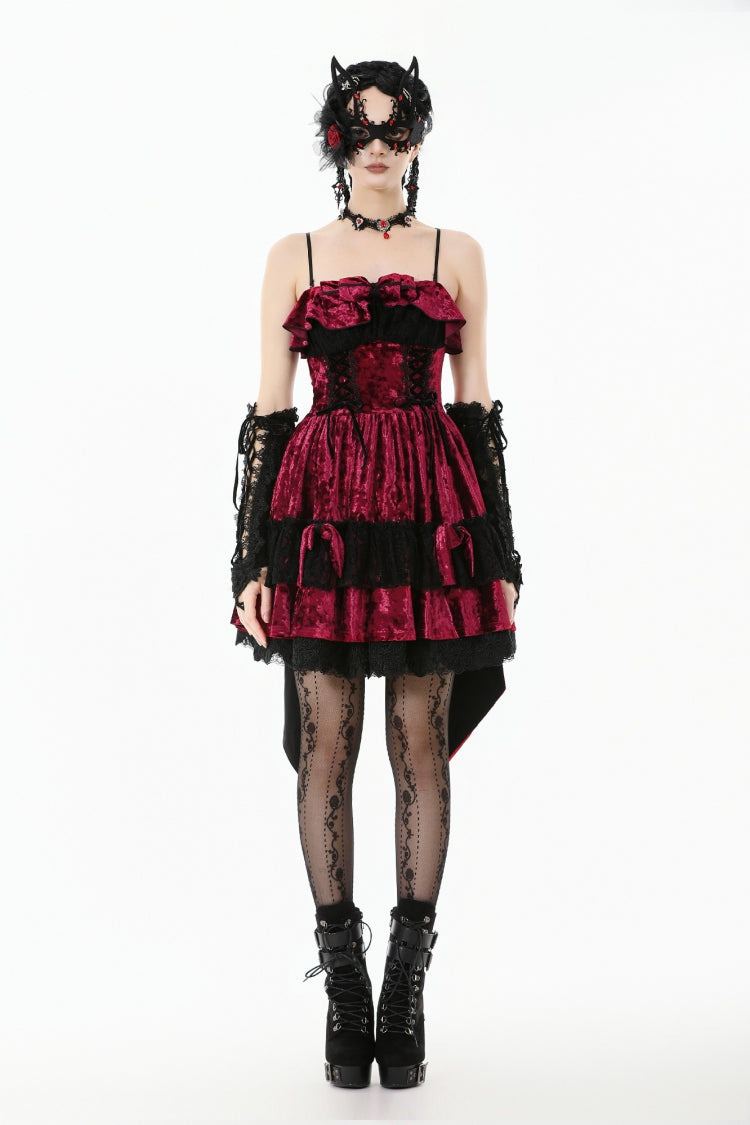 Wine Red Corset Lace-Up Velvet Irregular Pointed Tail Women's Lolita Gothic Cami Mini Dress - Product - 7
