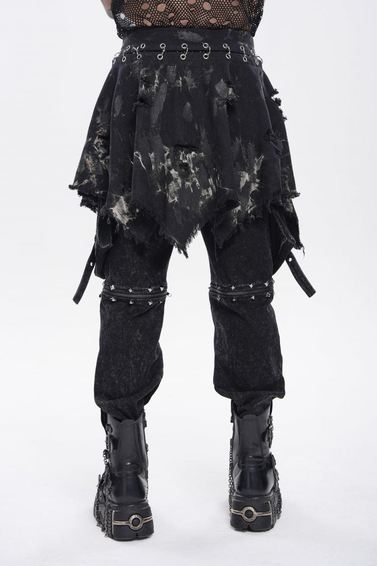 Black Irregular Ripped Buckled Pleated Chain-Decorated Men's Punk Skirt - Product - 9