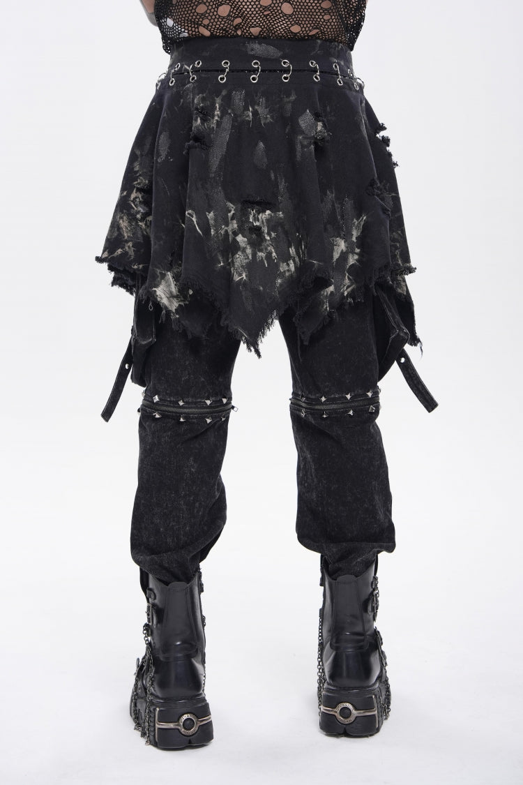 Black Irregular Ripped Buckled Pleated Chain-Decorated Men's Punk Skirt - Product - 9