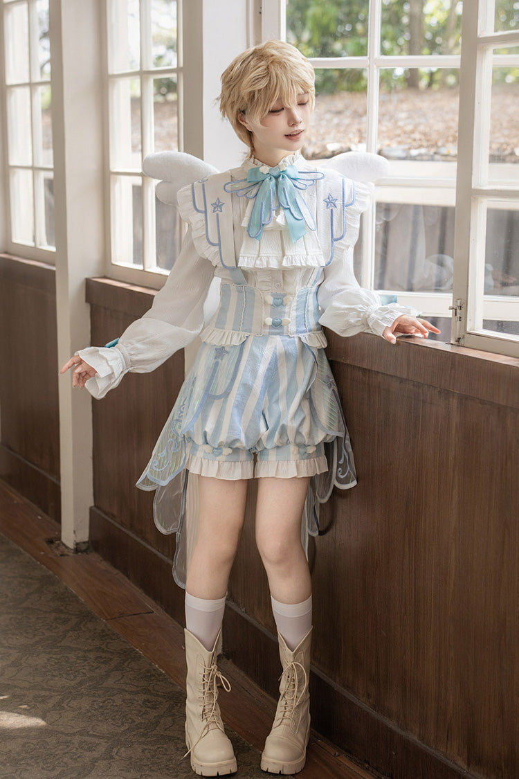 White/Blue [Angel’s Covenant] Stand Collar Long Sleeves Striped Printed Bow Gothic Ouji Lolita Suspender Shorts Set - Product - 12