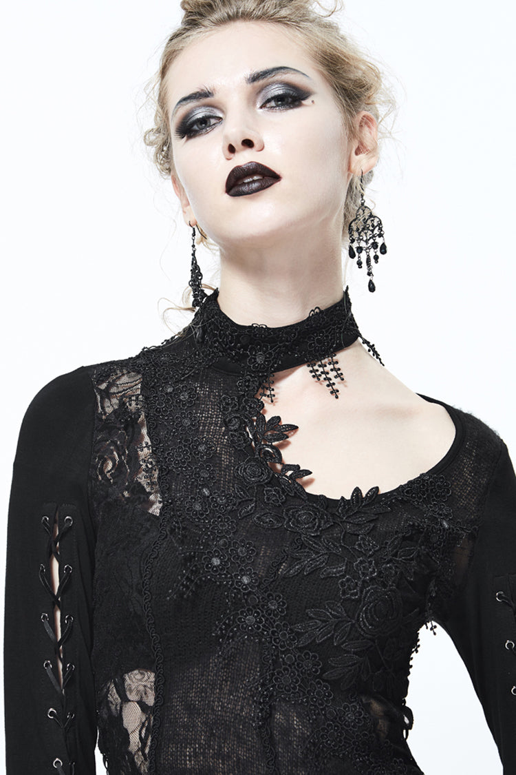 Black Asymmetric Lace Woolen Splice Rose Mesh Chest Hollow Applique Hem Women's Gothic Sweater - Product - 7