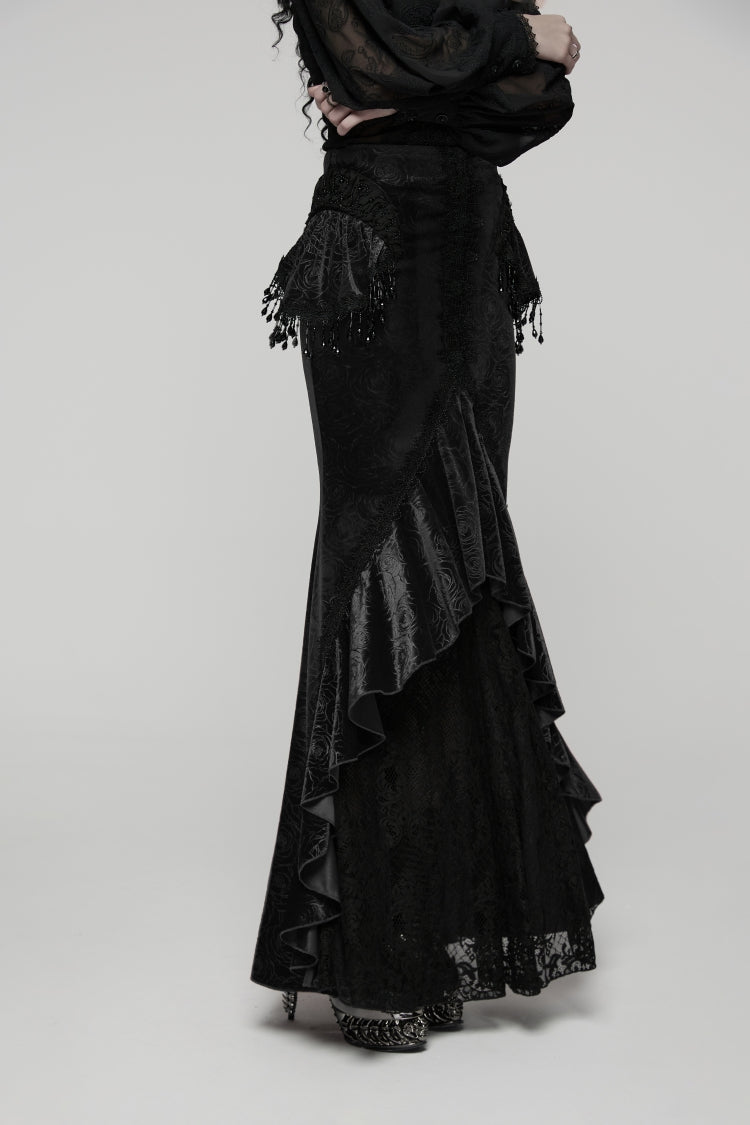 Black Printed Cut-Out Embroidered Lace Slim Irregular Women's Gothic Gorgeous Palace Cosplay Fishtail Skirt - Product - 2