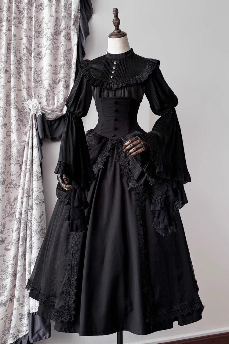 Black [Sleepwalking] Long Hime Sleeves Stitching Lace Plus Size Gothic Elegant Lolita Skirt Set - Black - 1