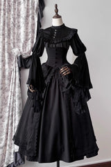 Black [Sleepwalking] Long Hime Sleeves Stitching Lace Plus Size Gothic Elegant Lolita Skirt Set - Black - 1