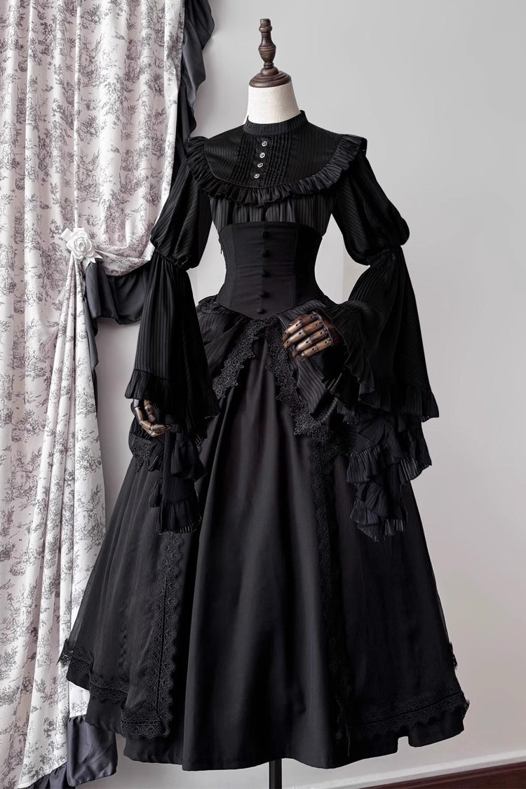 Black [Sleepwalking] Long Hime Sleeves Stitching Lace Plus Size Gothic Elegant Lolita Skirt Set - Black - 1