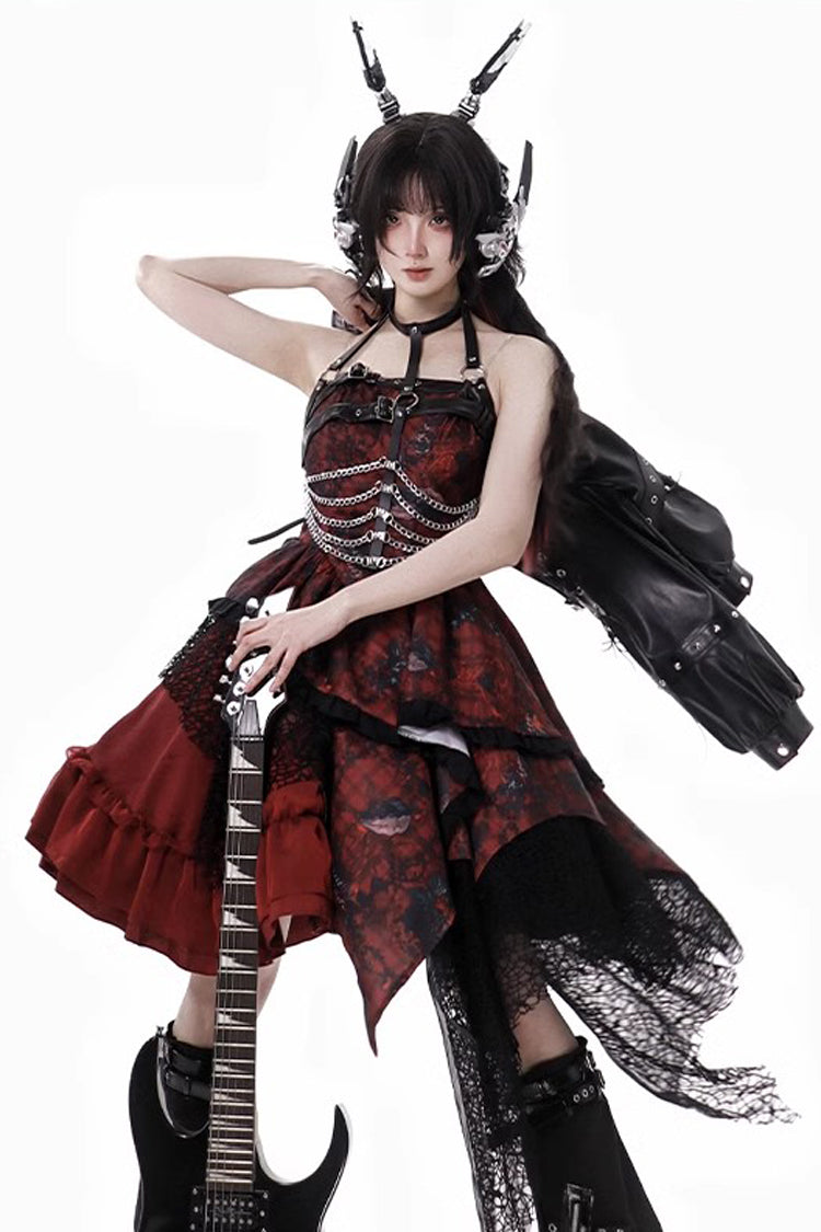 Red [Strawberries of Blood and Tears] Sleeveless Print Ruffle Bowknot Lace Asymmetric Gothic Lolita Jsk Dress - Product - 10