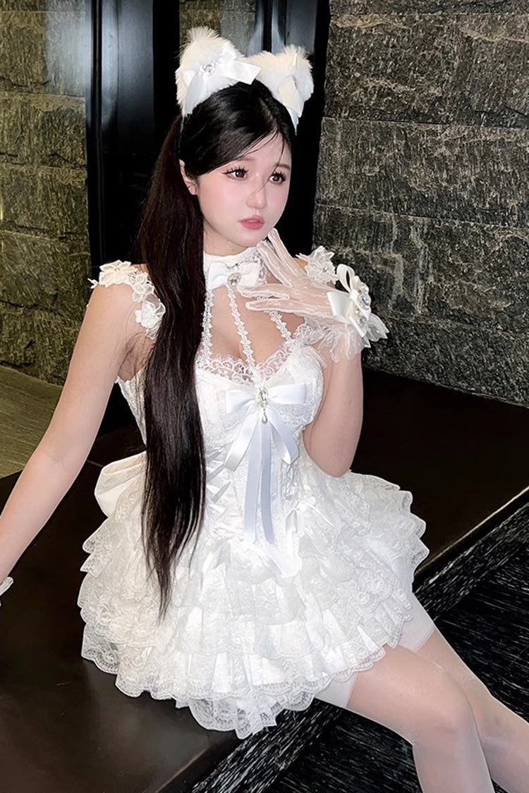 White Multi-layer Ruffle Hanayome Bowknot Lace Sweet Mini Lolita Skirt Dress - Product - 6