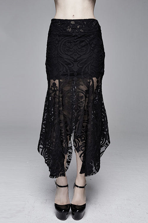 Black Irregular Hem Court Flocking Printed Mesh Sexy Package Hip Fishtail Gothic Skirt - Black - 1
