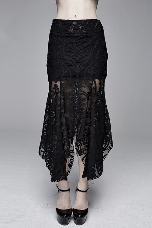 Black Irregular Hem Court Flocking Printed Mesh Sexy Package Hip Fishtail Gothic Skirt - Black - 1