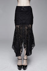 Black Irregular Hem Court Flocking Printed Mesh Sexy Package Hip Fishtail Gothic Skirt - Black - 1