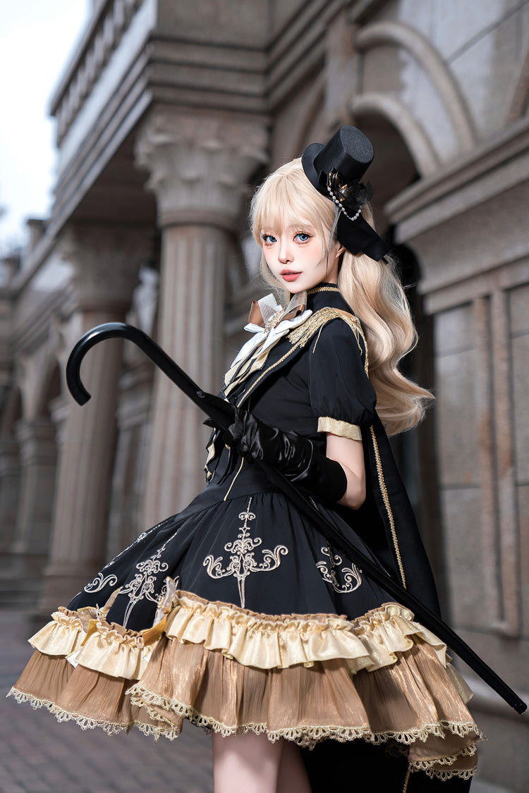Black [Gilded Oath] Short Sleeves Double-Layered Ruffle Embroidery Bowknot Gothic Lolita Dress - Product - 5