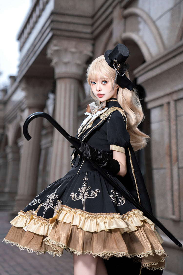 Black [Gilded Oath] Short Sleeves Double-Layered Ruffle Embroidery Bowknot Gothic Lolita Dress - Product - 5