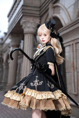 Black [Gilded Oath] Short Sleeves Double-Layered Ruffle Embroidery Bowknot Gothic Lolita Dress - Product - 5