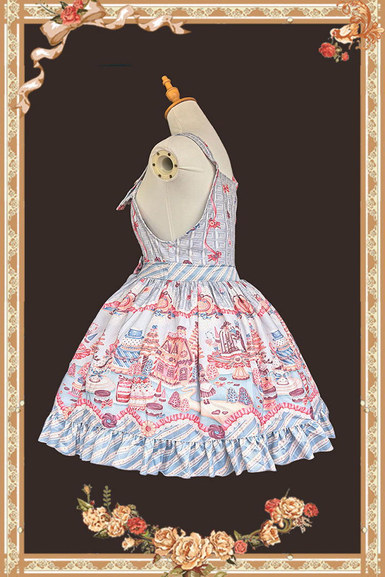 Blue [Candy House] Square Collar Sleeveless Printed Ruffled Bow Sweet Lolita Strap Dress - Product - 4