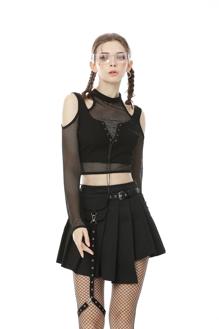 Black Off Shoulder Long Sleeves Lace-Up Chest Straps Sheer Mesh Women's Punk Top - Black - 1