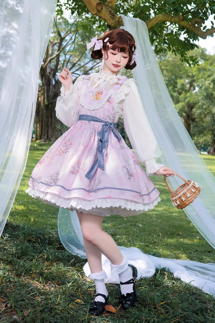 Pink [Lily of the Valley Rabbit] Sleeveless Print Ruffle Bowknot Daily Sweet Lolita Strap Dress - Pink - 1