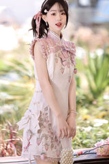 White/Pink [Spring Strawberry] Stand Collar Ruffled Embroidered Lace Color-Blocked Chinese Style Sweet Lolita Dress Cheongsam - Product - 12