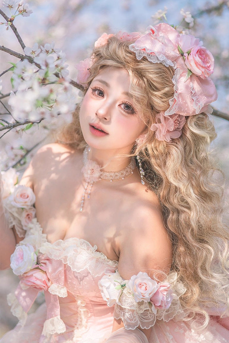 Pink [Love and Roses] Ruffle Hanayome Bowknot Lace Sweet Princess Lolita Jsk Dress - Product - 11