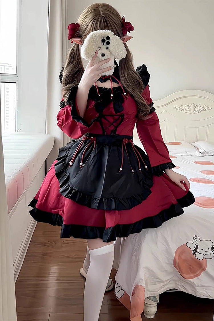 Black/Red Maid Long Sleeves Ruffle Bowknot Gothic Lolita Dress Full Set - Product - 6