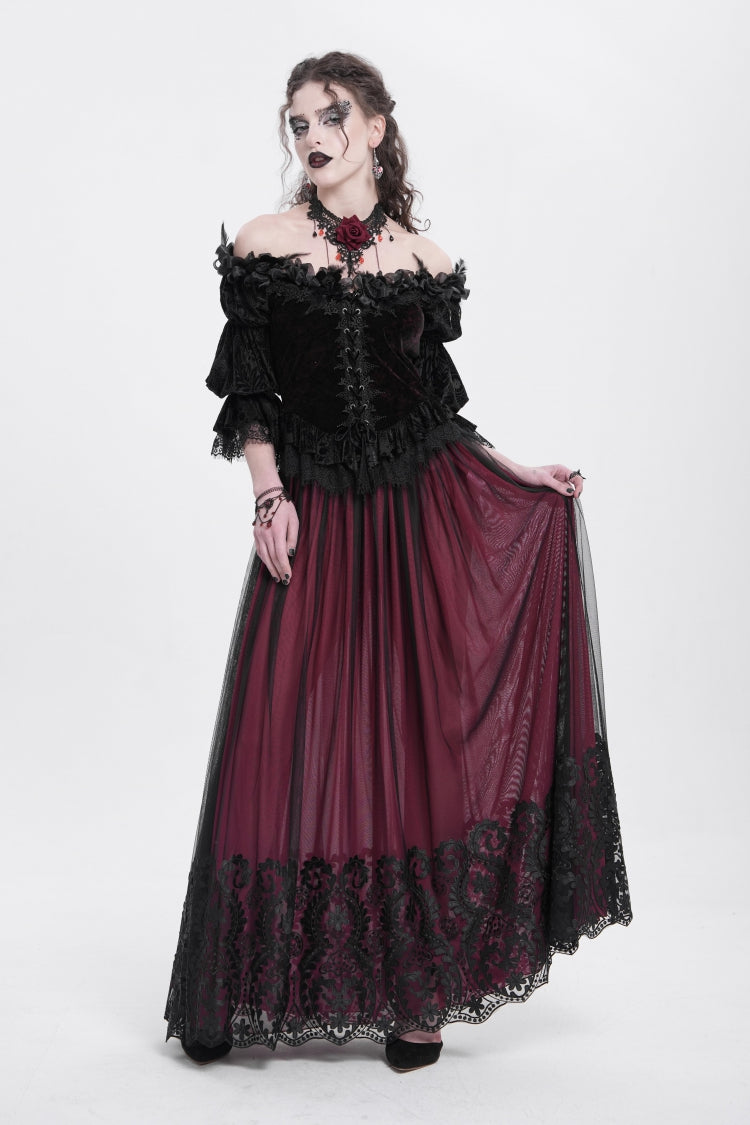 Red Off Shoulder Long Sleeves Ruffle Embroidery Lace-Up Women's Gothic Blouse - Product - 5