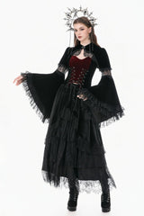 Black Keyhole Mandarin Collar Long Flare Sleeves Velvet Splice Lace Women's Gothic Shrug - Product - 6