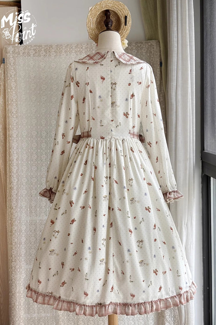 Ivory Round Collar Long Sleeves Print Ruffle Bowknot Sweet Elegant Lolita Dress - Product - 8
