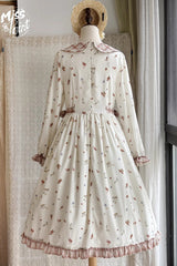 Ivory Round Collar Long Sleeves Print Ruffle Bowknot Sweet Elegant Lolita Dress - Product - 8