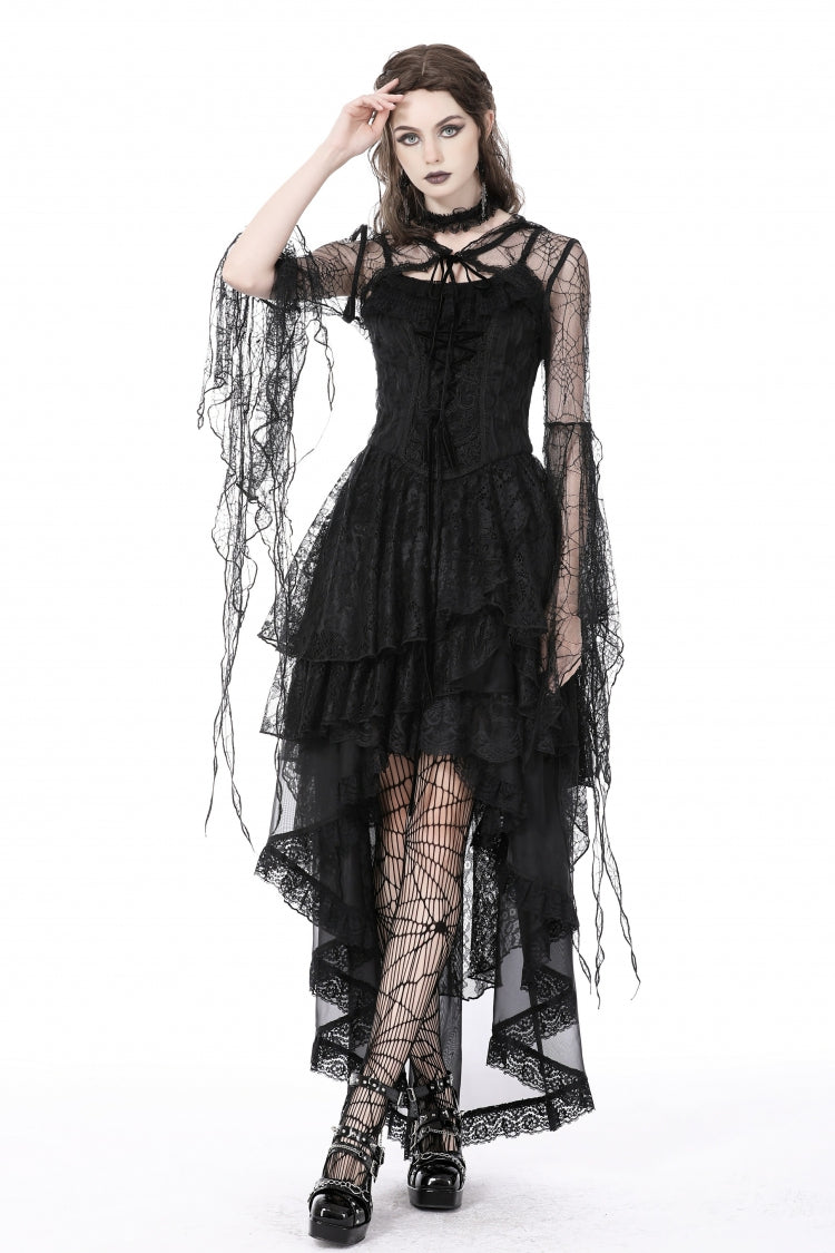 Black Spider Exaggerated Long Flared Sleeves Lace-Up Sheer Women's Gothic Cape with Hood - Product - 5