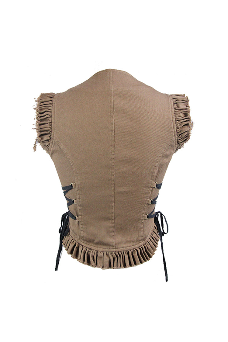 Brown Hand-Rubbed Leather Low Collar Loop Side Lace-Up Frill Hem Short Women's Punk Waistcoat - Product - 9
