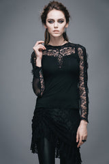 Black Sexy Lace Pattern Long Sleeves Gothic Womens T-Shirt - Product - 2