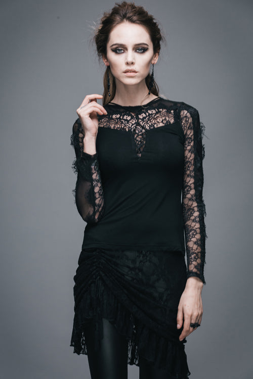 Black Sexy Lace Pattern Long Sleeves Gothic Womens T-Shirt - Product - 2