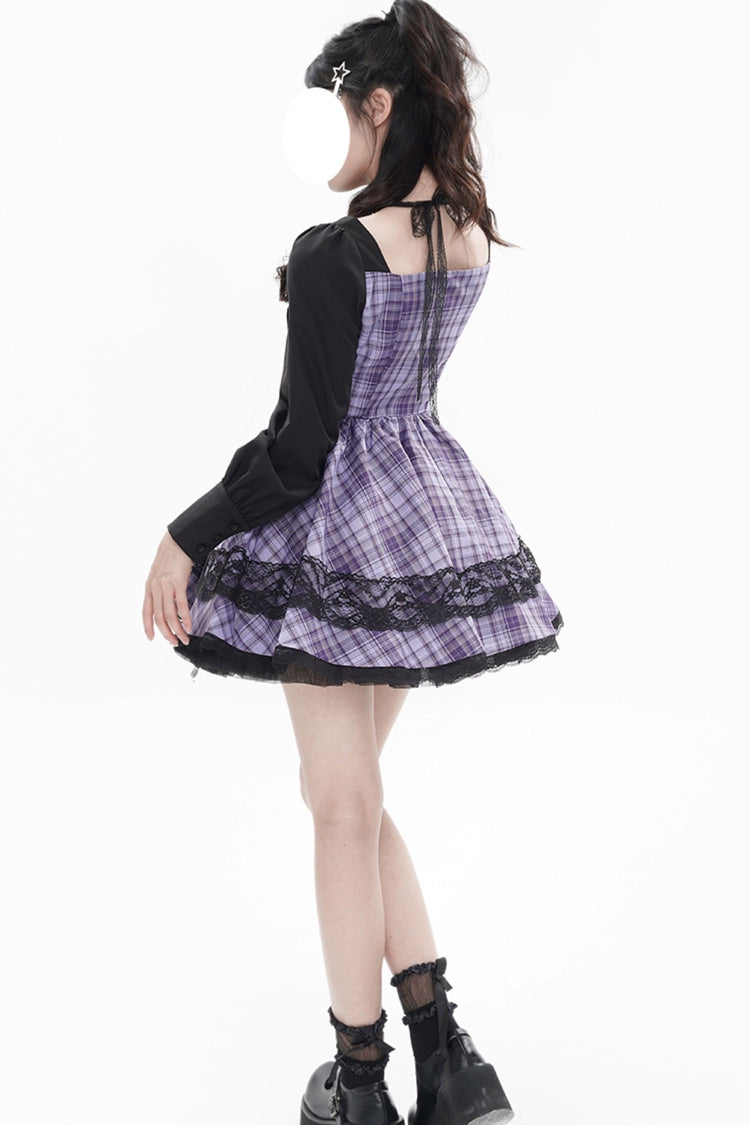 Purple [Witch Time] Long Sleeves Plaid Print Bowknot Lace Sweet Lolita Dress - Product - 5
