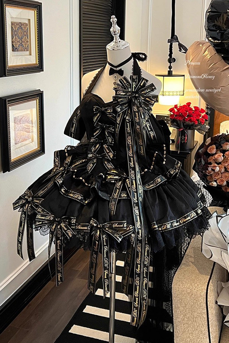 Black [Young Lady] Halterneck Sleeveless Multi-Layered Ruffle Bowknot Elegant Princess Gothic Lolita Dress - Product - 6
