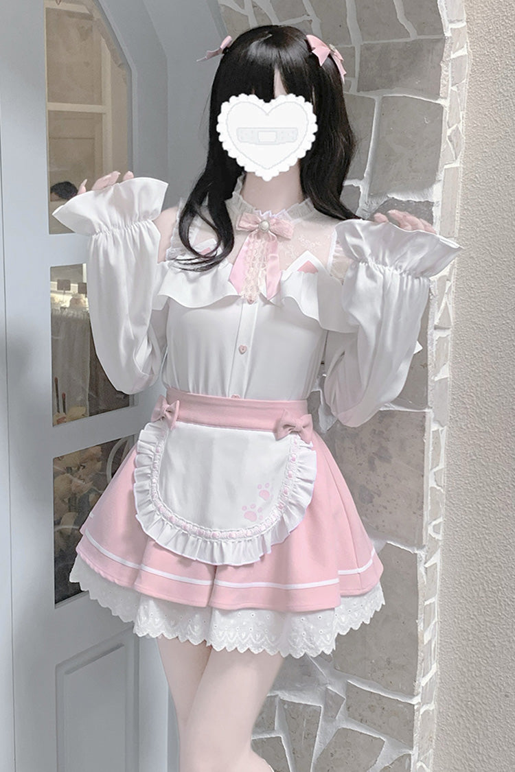 White/Pink Off Shoulder Long Sleeves Ruffle Bowknot Lace Sweet Jirai Kei Skirt - Product - 3