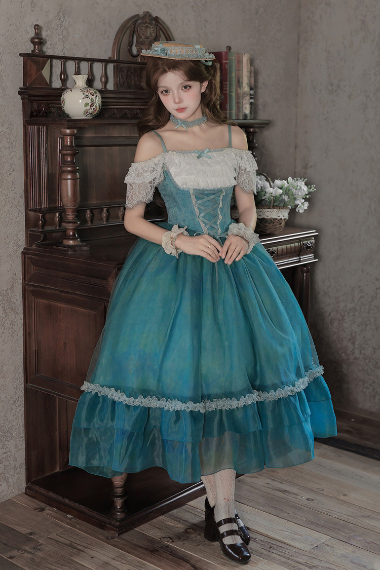Blue/Green [Water Lily] Square Collar Ruffled Lace-Up Sweet Royal Lolita Dress 2 Versions - Product - 15