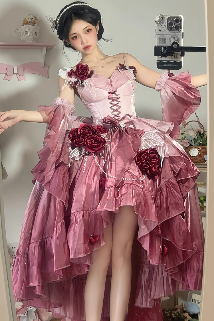 Plum Red [Swan Wonderland] Embroidery Bowknot Lace-Up Short Front Long Back Irregular Sweet Ballet Lolita Jsk Dress - Product - 5
