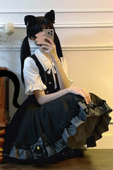 Black Ruffle Bowknot College Style Gothic Lolita Strap Dress - Product - 2