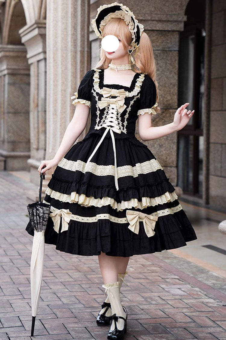 Black Chapter Seventh Night Short Sleeves Multi-layer Ruffle Bowknot Sweet Lolita Dress - Black - 1