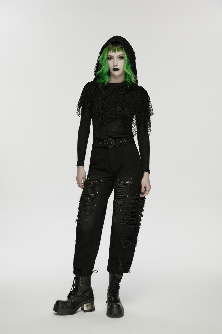 Black Ripped Zippered Eyelet Women's Punk Unedged Decadent Denim Pants - Product - 6